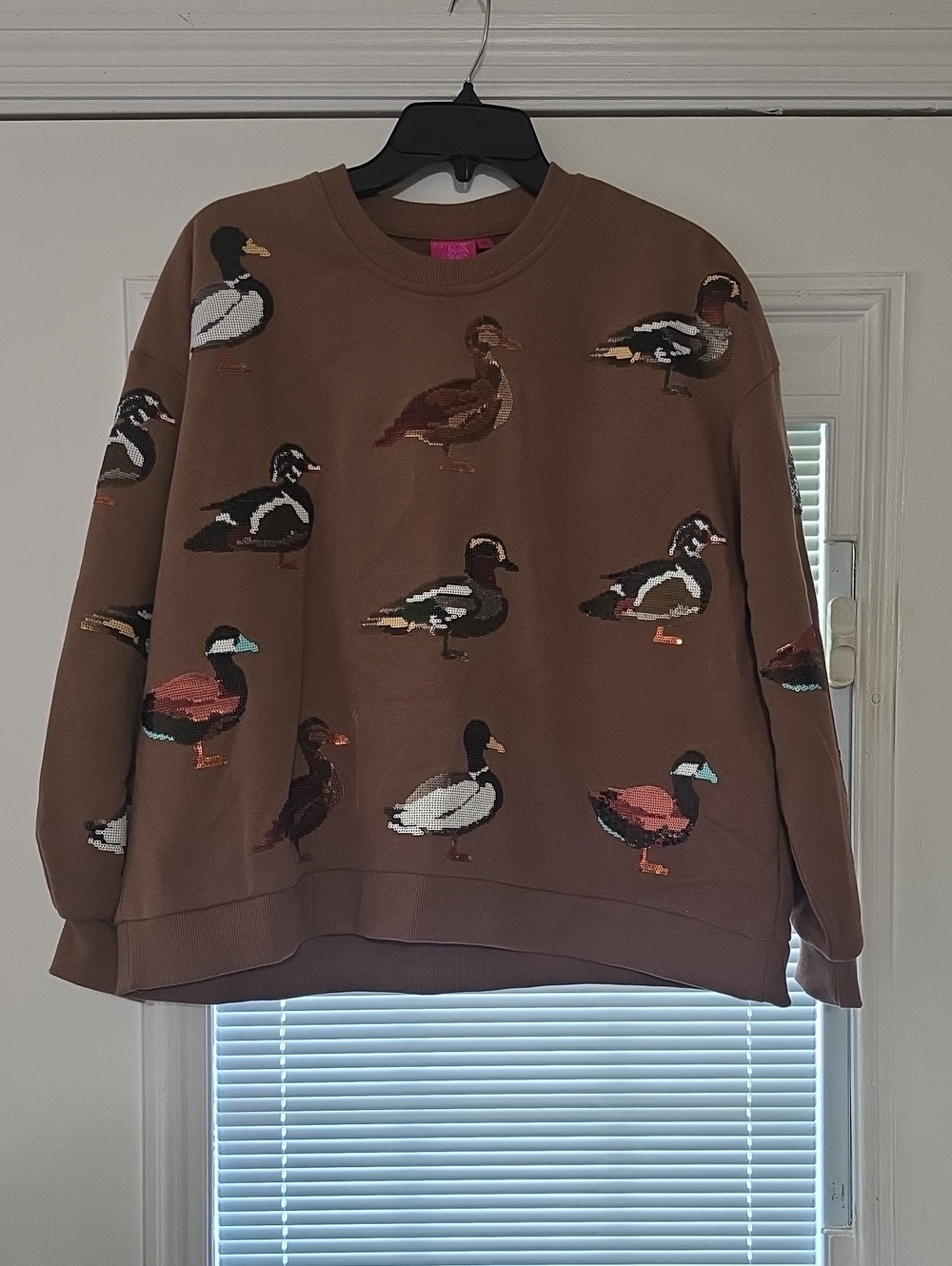 QUEEN OF SPARKLES Brown Duck-Pattern Pullover Sweatshirt